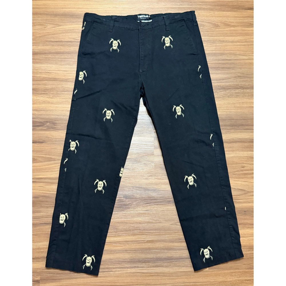 Liquid Death Mens Skull Scythe Embroidered AOP Chino Pants Black Sz 34x30